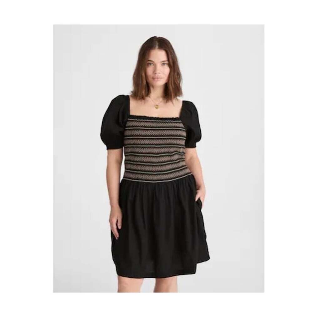 New Madewell black smocked poplin cotton puff sleeve mini dress Large
